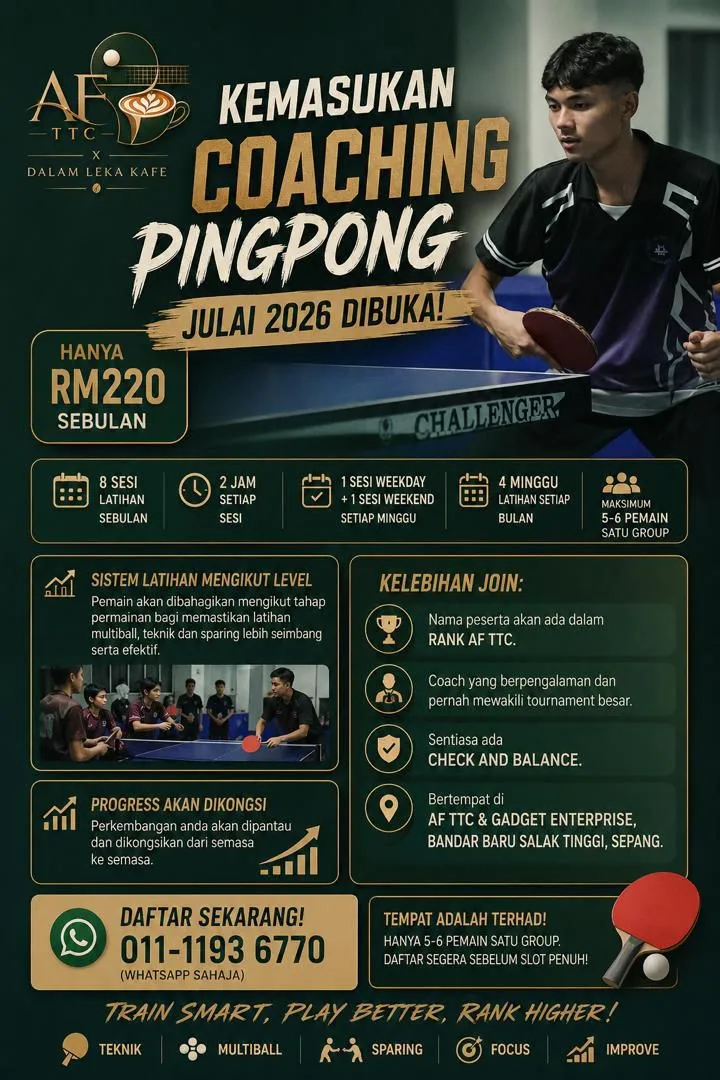 Poster coaching pingpong LekaPong — kemasukan Julai 2026, RM 220 sebulan, 8 sesi sebulan, maksimum 5–6 pemain satu kumpulan, latihan ikut level