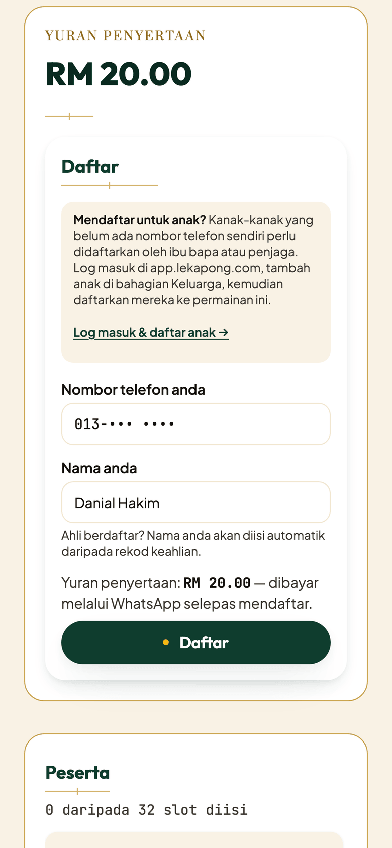 Player registration form with the fee